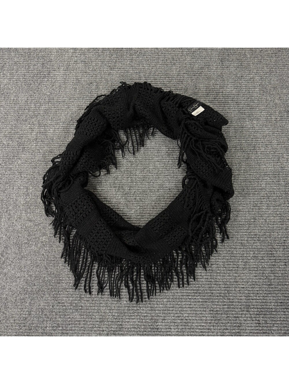 Jessica Simpson Knit Infinity Scarf Black 80’s Style Fringe